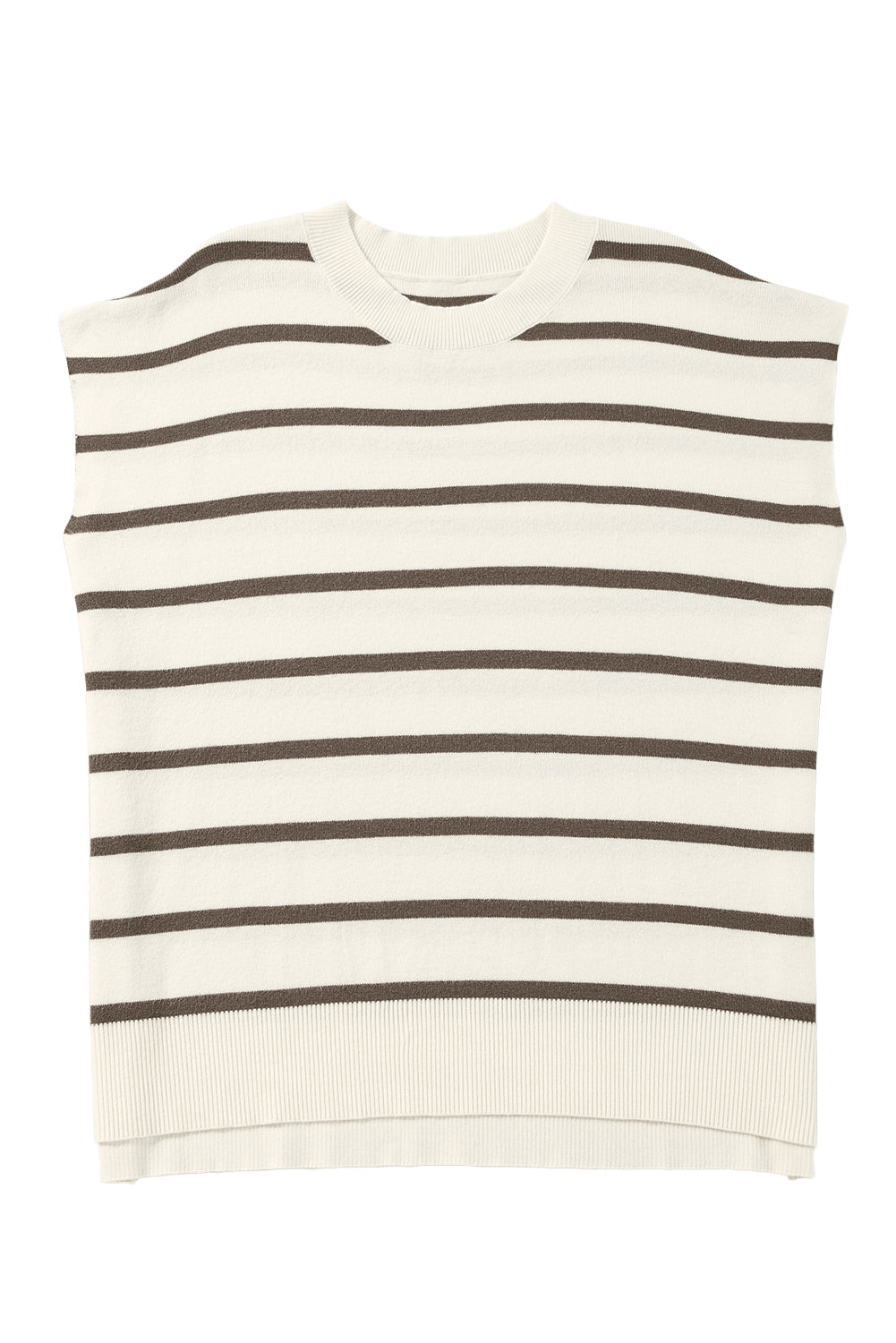 Brown Stripe Side Slits Short Sleeve Knit Top