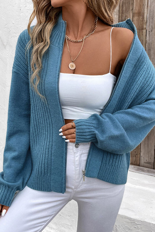 Peacock Blue Zip Up Long Sleeve Cardigan