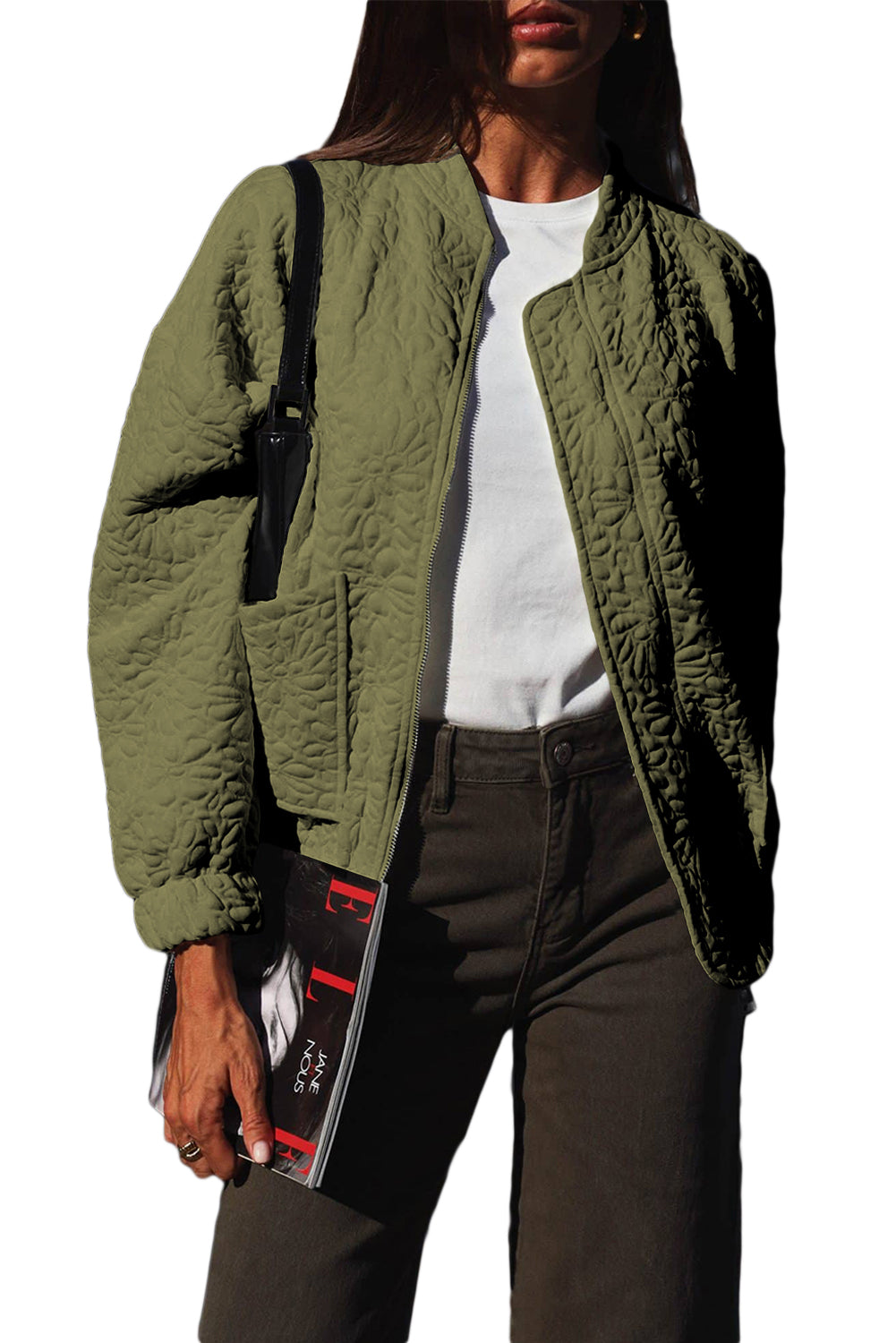 Jungle Green Plain Floral Embossed Zip Up Jacket