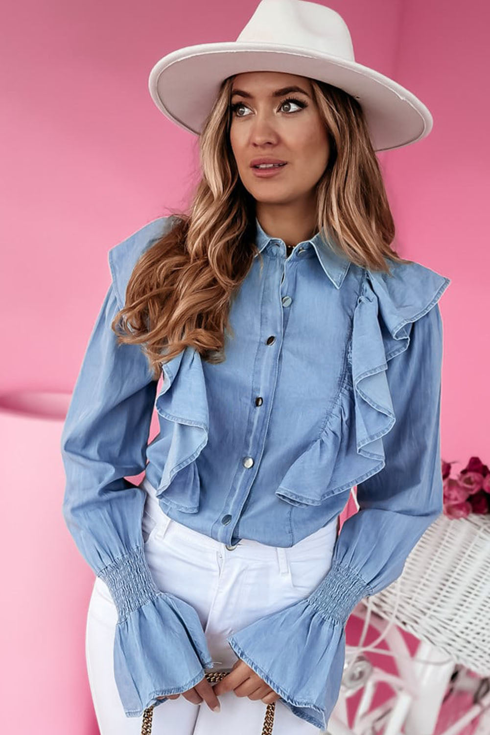 Ruffle Button Up Chambray Shirt