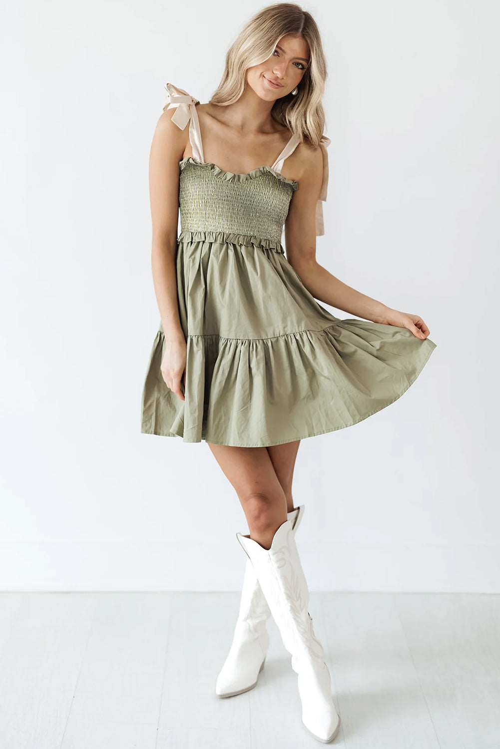 Laurel Green Tie Strap Frill Detail Smocked Mini Dress