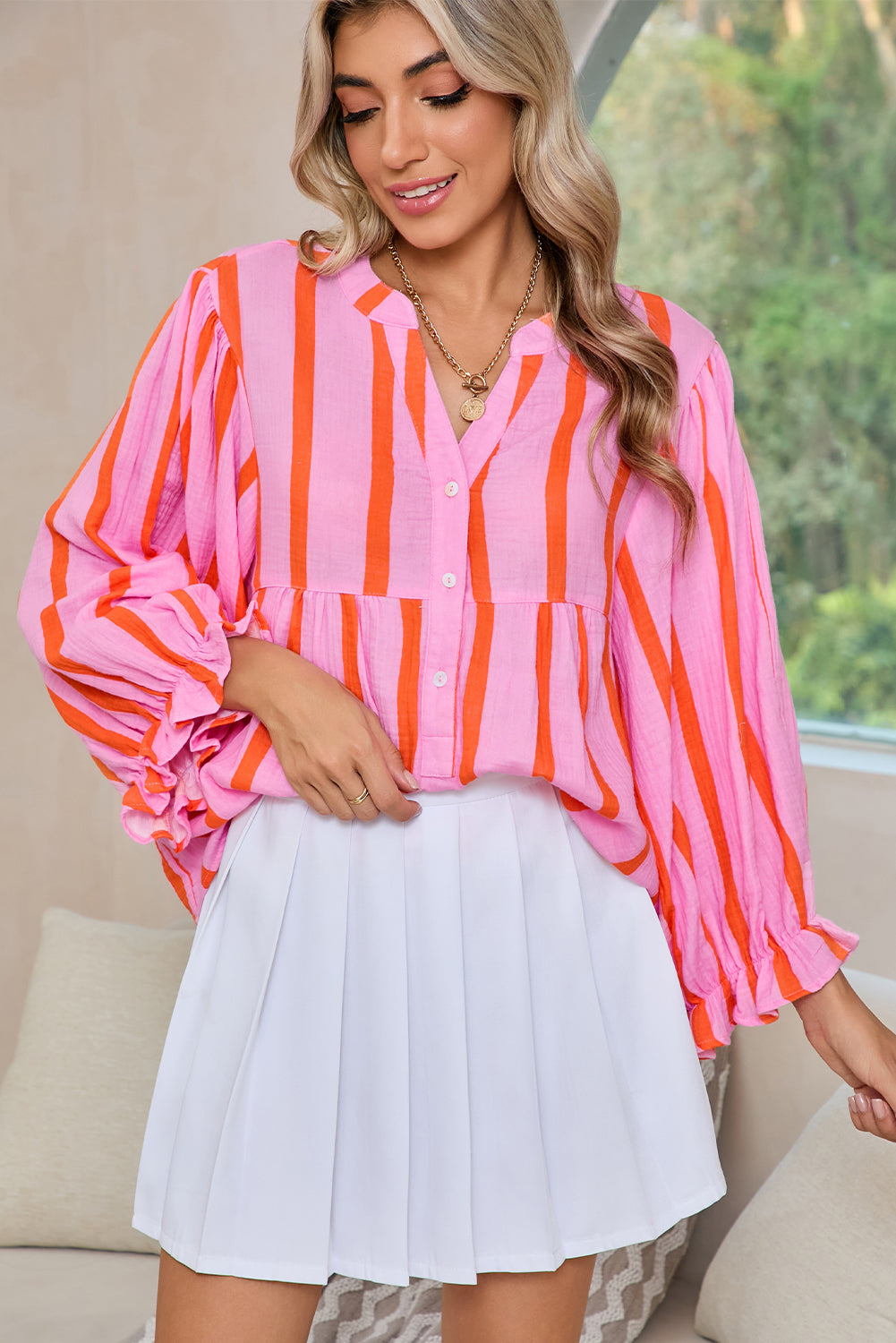 Sky Blue Stripe Crinkle Ruffle Sleeve Loose Blouse